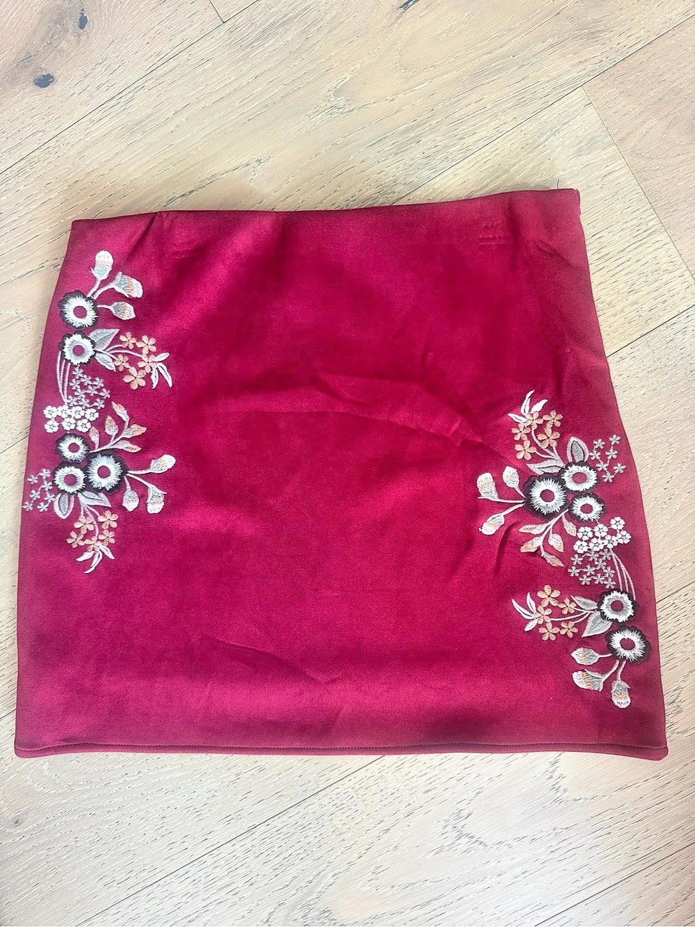 Burgundy Faux Suede Embroidered Floral Mini Skirt- Medium
